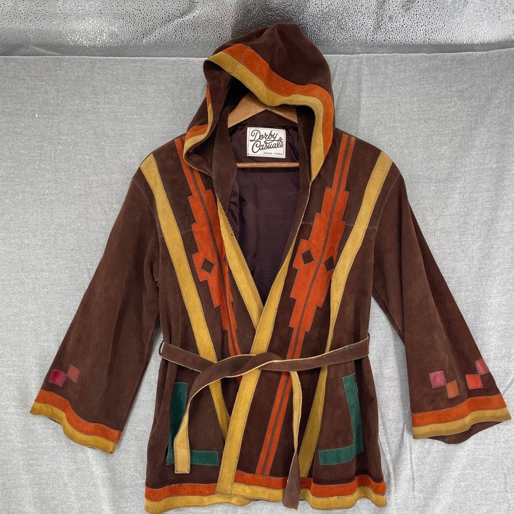 VTG Dorby Casuals Suede Hooded Jacket Southwestern Patchwork Brown 70s Boho